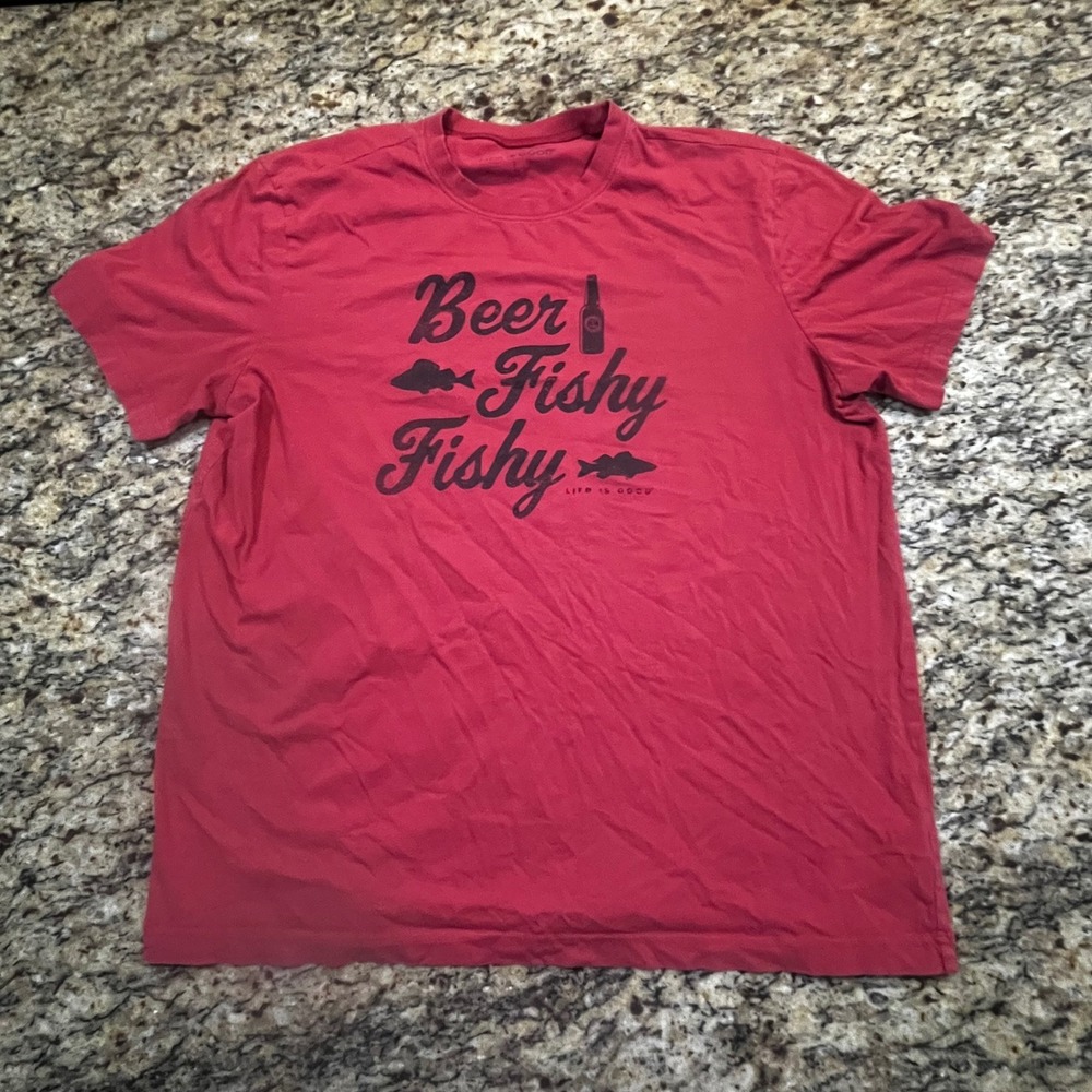 Life is Good Mens Red Beer Fishy Fishy Graphic T-Shirt Large Fishing Tee L